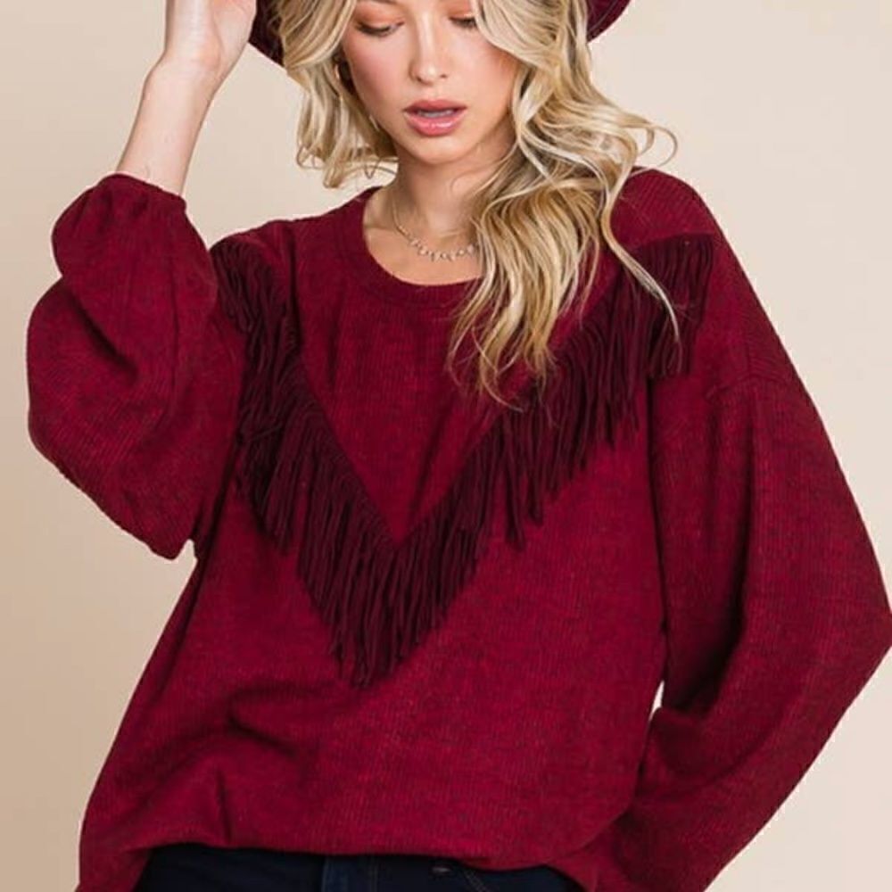 Burgundy Fringe Knit Top 